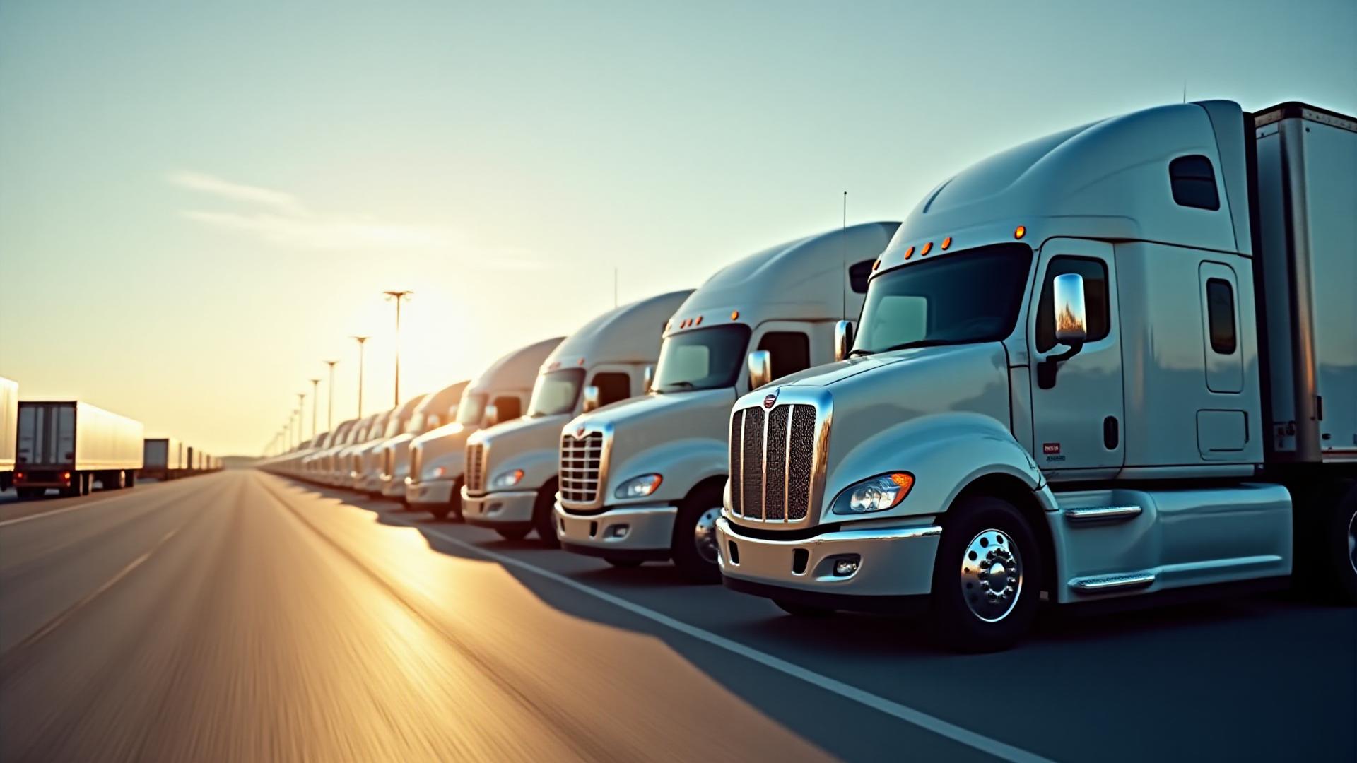 A uniform fleet of Flewelling Earthmoving heavy-duty freight trucks lined up with precision