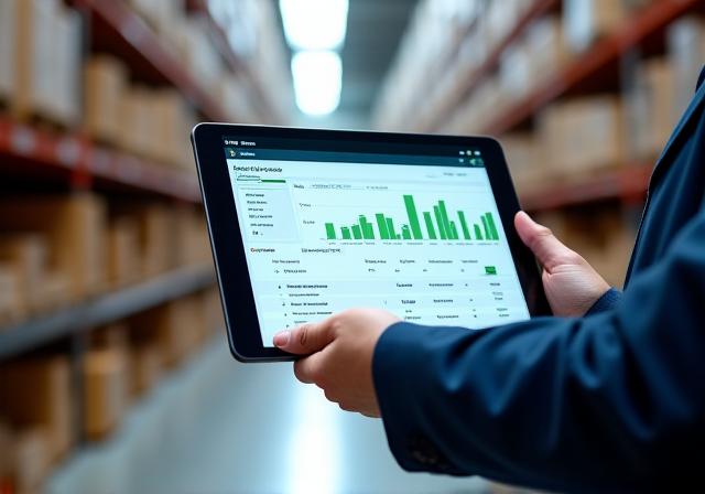 Logistics professional reviewing digital inventory on a tablet in the warehouse