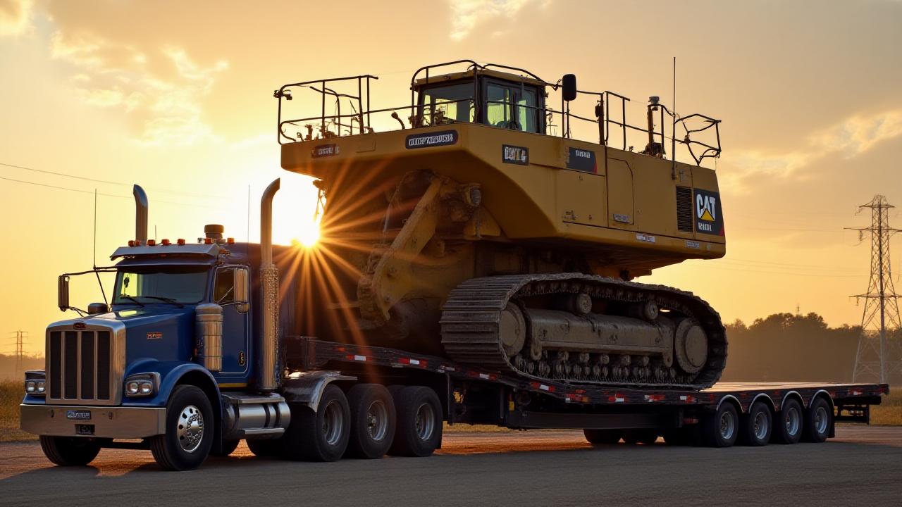 Heavy excavator being secured onto a specialized lowboy trailer