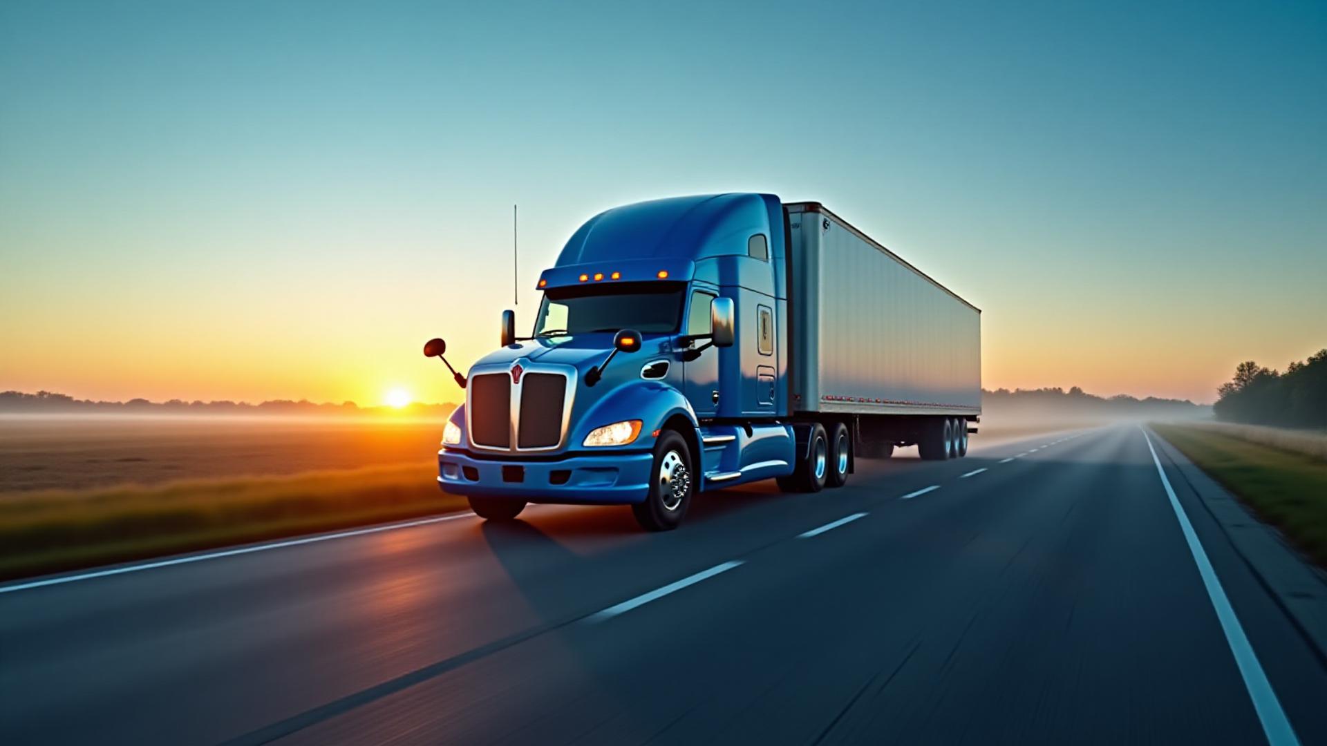 Heavy-duty Flewelling truck hauling freight across Mississippi highway at dawn