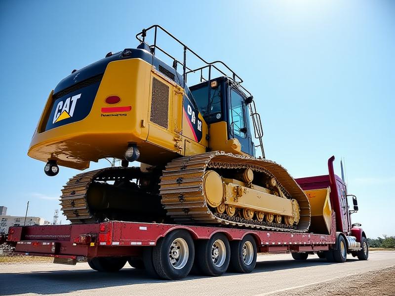 Caterpillar excavator being transported on a lowboy trailer by Flewelling Earthmoving